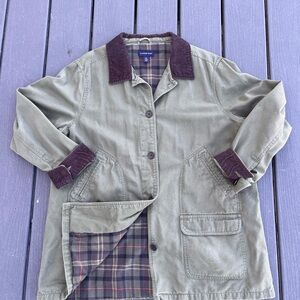 VTG Lands End Womens Chore Barn Coat Jacket XL Green Corduroy Trim Flannel Lined